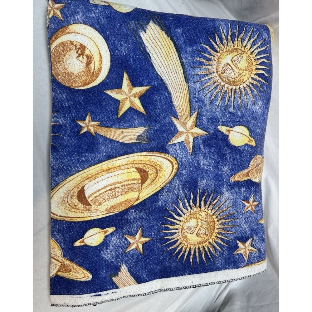 VTG 90s Celestial Sun Moon Stars Felt Blanket  86X74 Blue Gold
